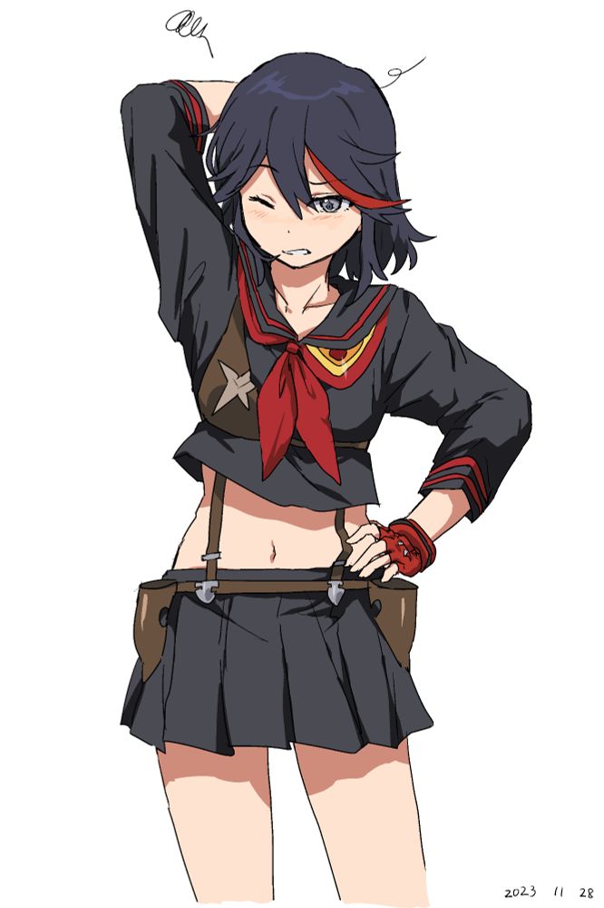 Ryuko Matoi dressed in Senketsu with one hand on her hip and the other behind her head, perhaps stretching or scratching her head. By takatisakana.