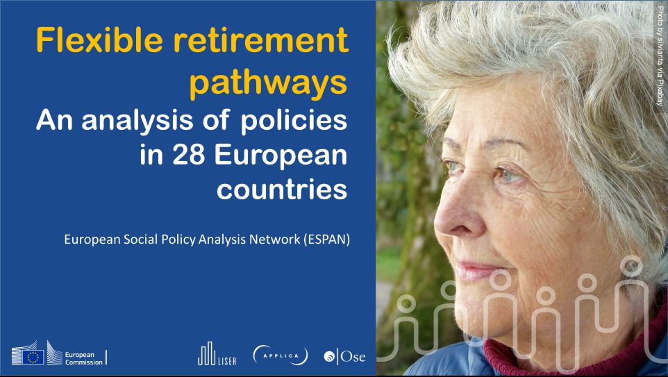 Image showing title of the report - Flexible retirement pathways - an analaysis in 28 European countries - and a photo of a senior woman