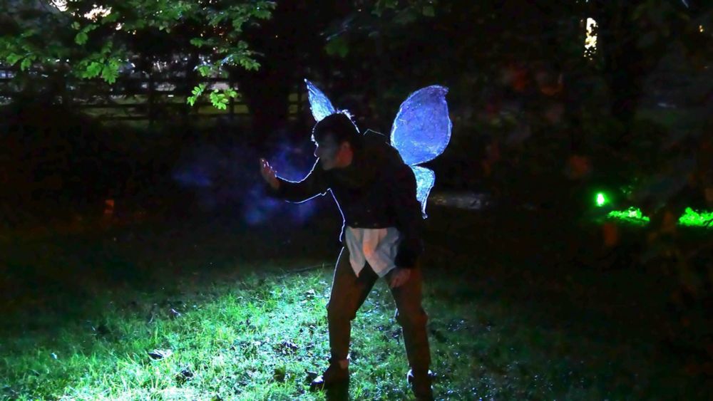 In amongst grass and tree branches, a man stands with fairy wings on. He is gesturing of camera to the audience to follow them.