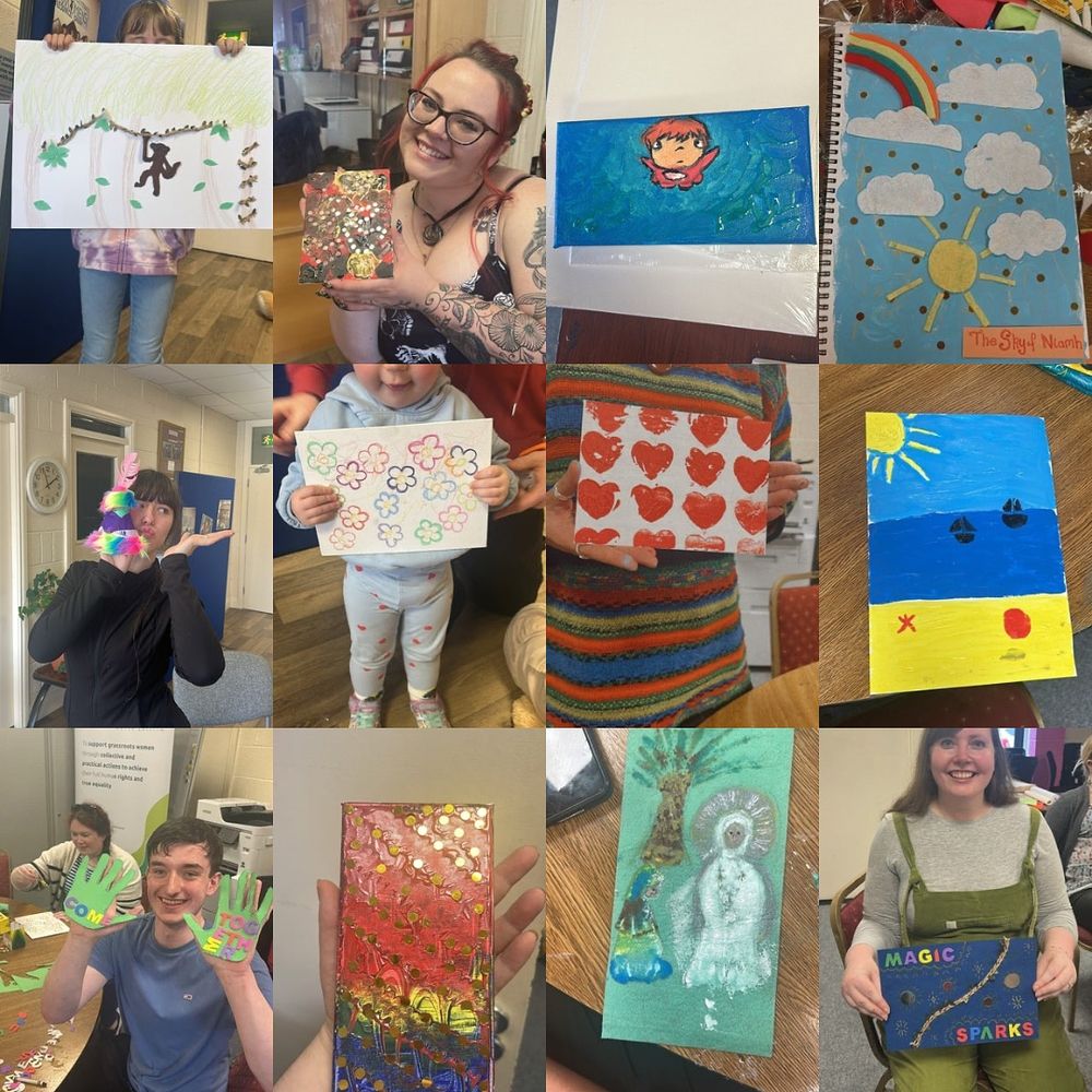 A collage of eight photographs of different artwork created today as part of a fundraiser.
