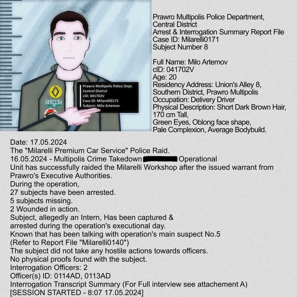 Prawro Multipolis Police Department,
Central District
Arrest & Interrogation Summary Report File
Case ID: Milarelli0171
Subject Number 8
Full Name: Milo Artemov
cID: 041702V
Age: 20
Residency Address: Union's Alley 8,
Southern District, Prawro Multipolis
Occupation: Delivery Driver
Physical Description: Short Dark Brown Hair,
170 cm Tall, 
Green Eyes, Oblong face shape, 
Pale Complexion,  Average Bodybuild. Date: 17.05.2024 
The  "Milarelli Premium Car Service" Police Raid.
16.05.2024 - Multipolis Crime Takedown [REDACTED] Operational 
	Unit has successfully raided the Milarelli Workshop after the issued warrant from
Prawro's Executive  Authorities.
During the operation, 
27 subjects have been arrested. 
5 subjects missing. 
2 Wounded in action.
Subject, allegedly an Intern, Has been captured &
arrested during the operation's executional day. 
Known that has been talking with operation's main suspect No.5
(Refer to Report File "Milarelli0140")
The subject did not take any hostile actions towards officers.
No physical proofs found with the subject.
Interrogation Officers: 2
Officer(s) ID: 0114AD, 0113AD
Interrogation Transcript Summary (For Full interview see attachement A)
[SESSION STARTED - 8:07 17.05.2024]