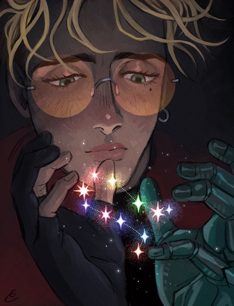digital painting of a close up shot of vash the stampede's face with stars in his hands