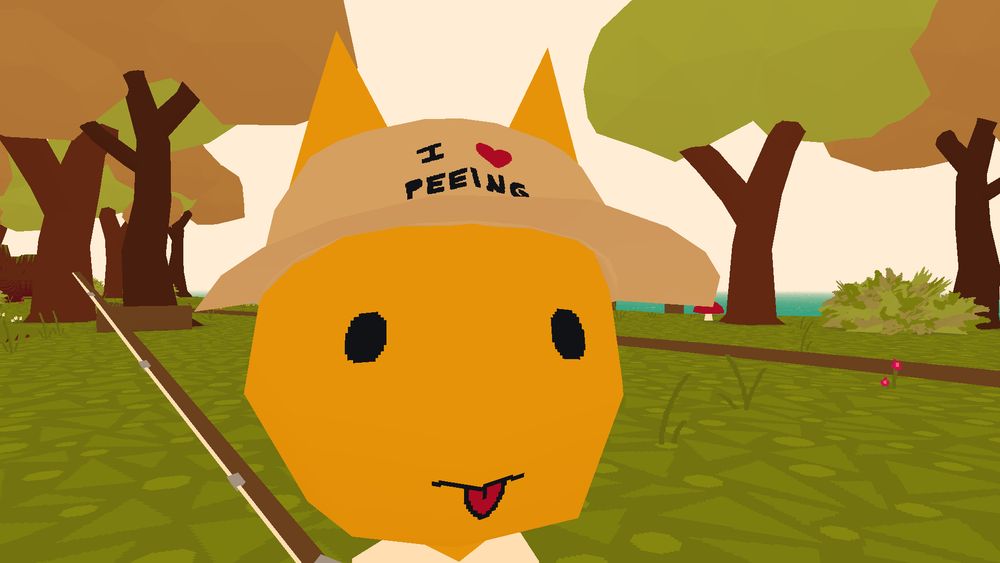 screenshot from WEBFISHING, picturing a yellow cat with beady eyes and its tongue out, wearing a baseball hat with the caption "I ♥ PEEING"