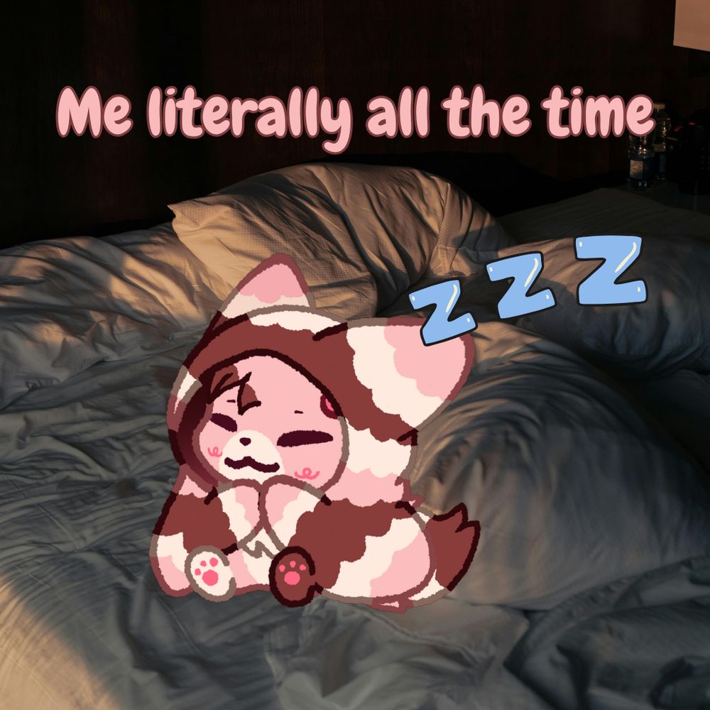 Nap cuddled up in a comfy bed, with Zs trailing from him. It's captioned Me literally all the time