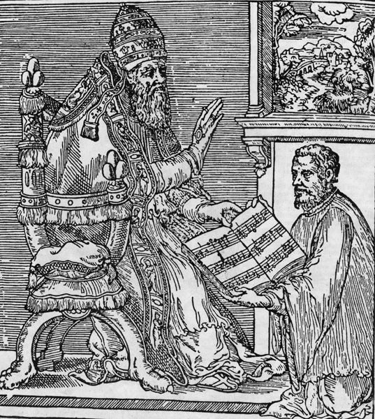Image of Palestrina presenting music to Pope Julius III