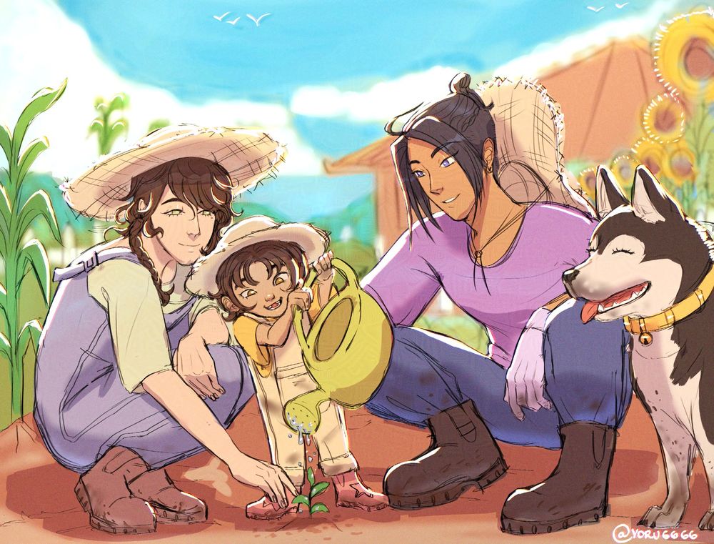 Jiang Cheng and Nie Huaisang with Jin Ling teaching him how to care for the garden, they are all wearing farm clothes and Fairy is with them, being the good girl she is.  