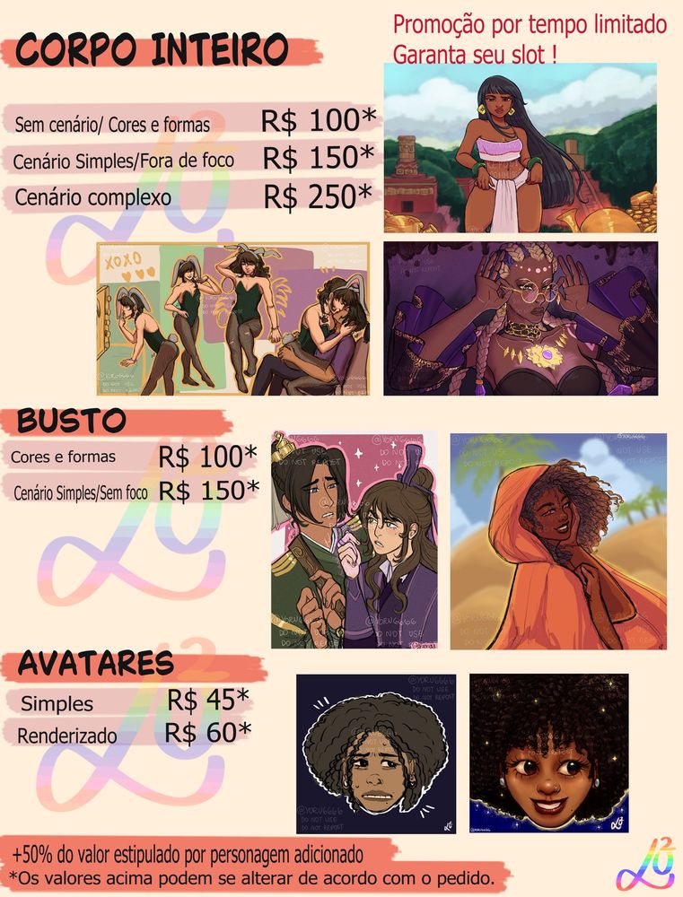 Tabelas de preços para encomendas de desenhos 