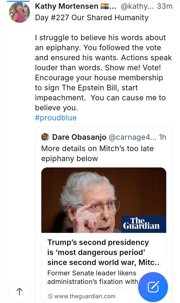 A post from my other account about mitch McConnell having an epiphany.   I don't believe him.  I will believe actions