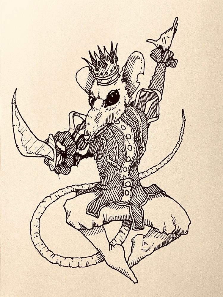 This is my line drawing of the Mouse King from The Nutcracker. He is leaping into the air with his left hand raised above his head and his sword in his other hand, extended toward you. His tail is swishing behind him.