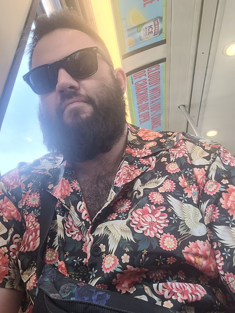 Picture of me wearing a flowery tee on the train