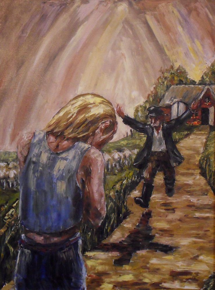 Ölgemälde von Bruno Spießwinkel: der verlorene Sohn kehrt zurück und wird von seinem Vater (dargestellt als nordfriesischer Bauer) mit offenen Armen empfangen.