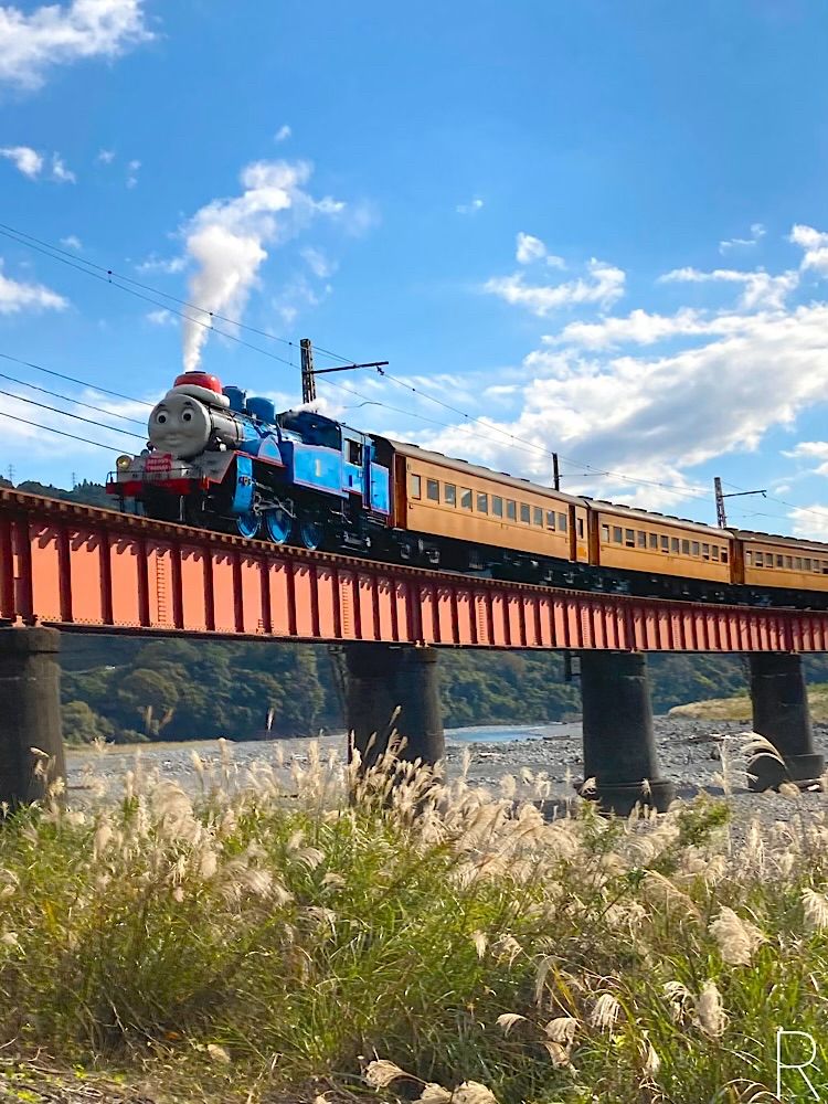 サンタの帽子をかぶったトーマス号が大井川の橋を通過。偶然遭遇しました！