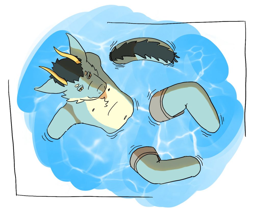 A drawing of an anthro dragon sitting in shallow water. His only his head, upper body and knees are above the water, and he looks up at the viewer smugly.