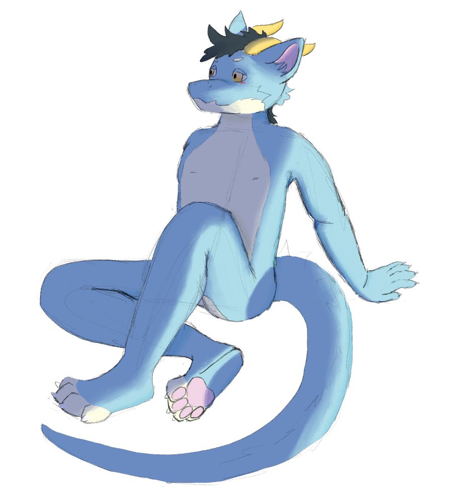 Art piece of a blue anthropomorphic dragon sitting down, leaning back on his hands. There is a purported light source to the right of the piece that is casting long shadows on him.