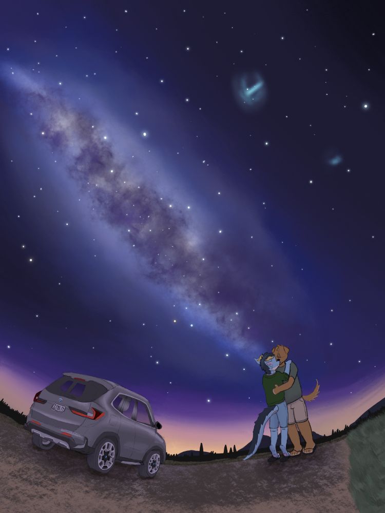 Painting of a starry night with the milky way visible. A car and two figures embracing are in the foreground.