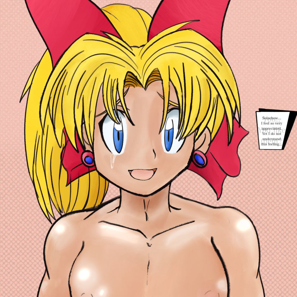 Nude Roll from Mega Man (Megamix), teary eyed. A text box reads "You...You like them?" overlayed by "Somehow...I feel so very appreciated. Yet I do not understand this feeling."