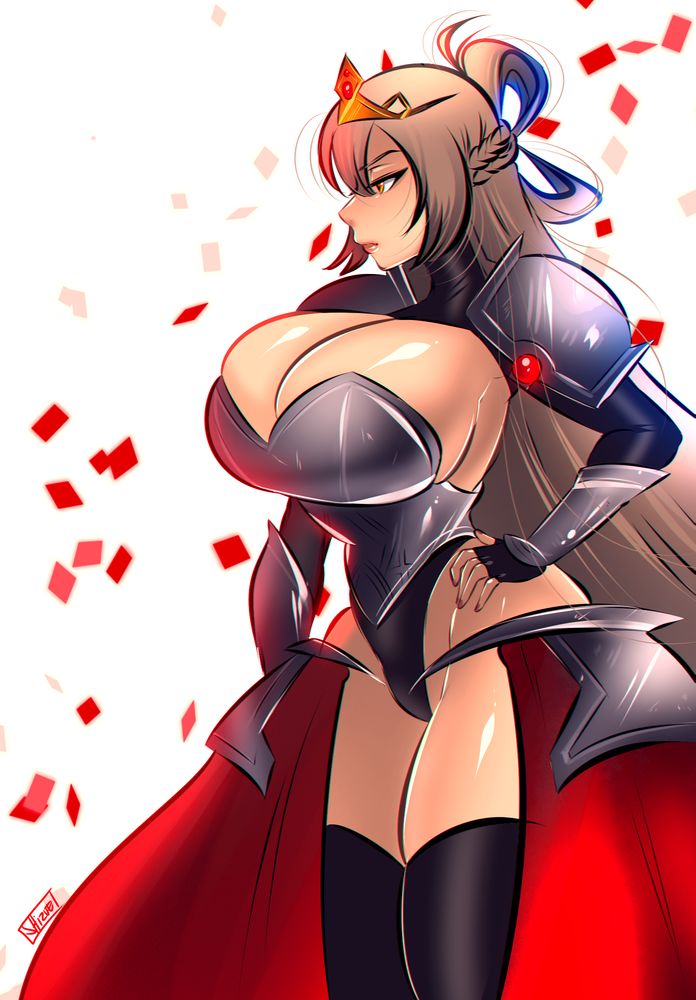 Bersaba posing into the distance with confetti in the background
Art by Shizue