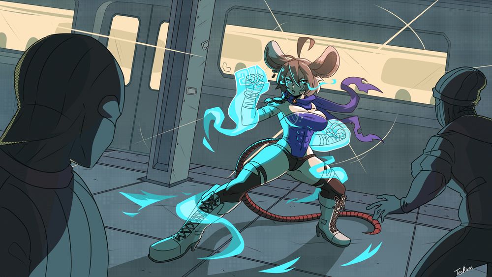 Zalia fighting off some goons in a subway
Art by TeaRam