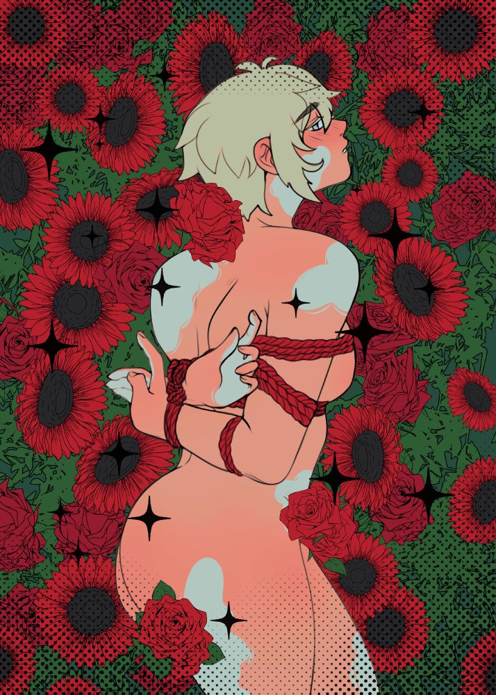 melty's OC Caime (kai-may), a transmasc albino mute man. He is in shibari (rope tying) and laying in a field of red flowers