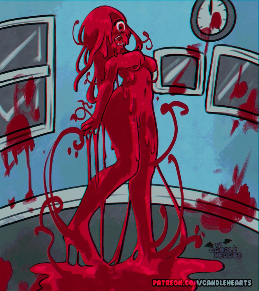 a scary-looking woman made of blood - it is pooling at her feet and swirling around, forming her body as she smiles disturbingly. The room is distorted and wobbly, with blood on the walls and picture frames