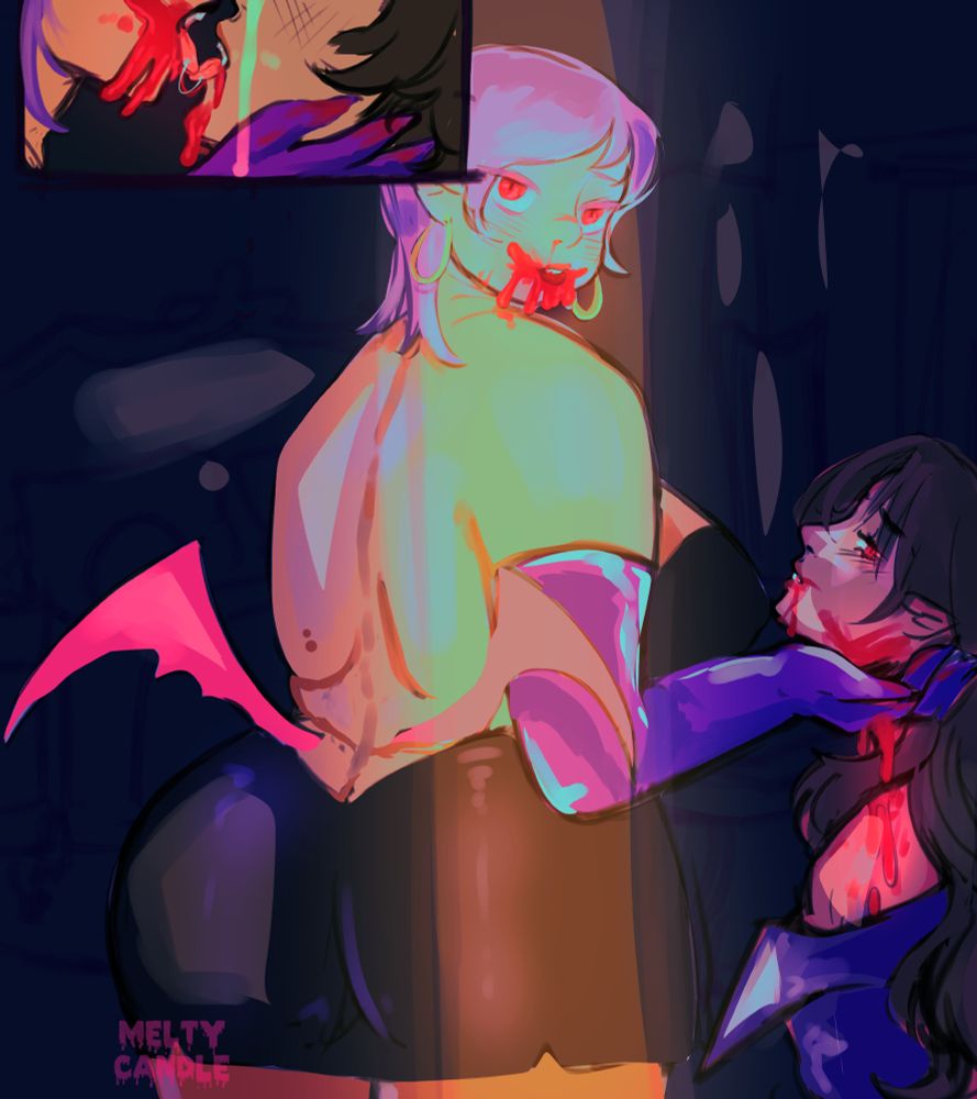 melty's OC Satin. Satin is a plus sized femme succubus, she has short purple hair and small pink wings. She is standing in a dark room with the door cracking to cast light into the space, revealing Alexandru, a friend's nonbinary vampire OC who is having his blood drank by Satin. 