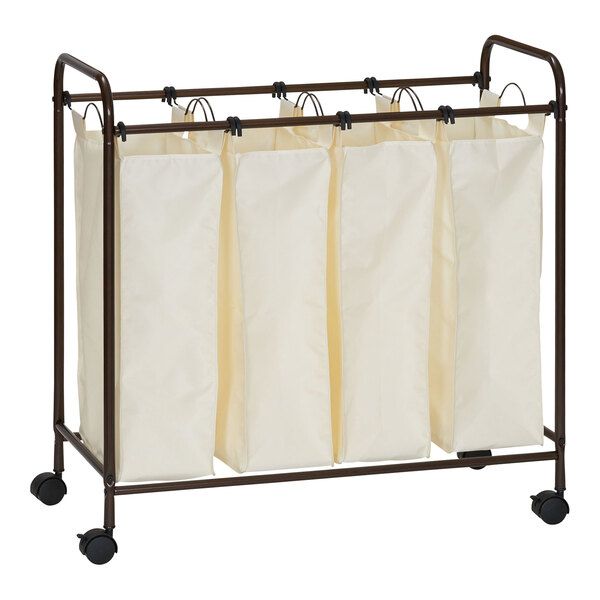 A rolling laundry bag holder with four bags hanging on it.