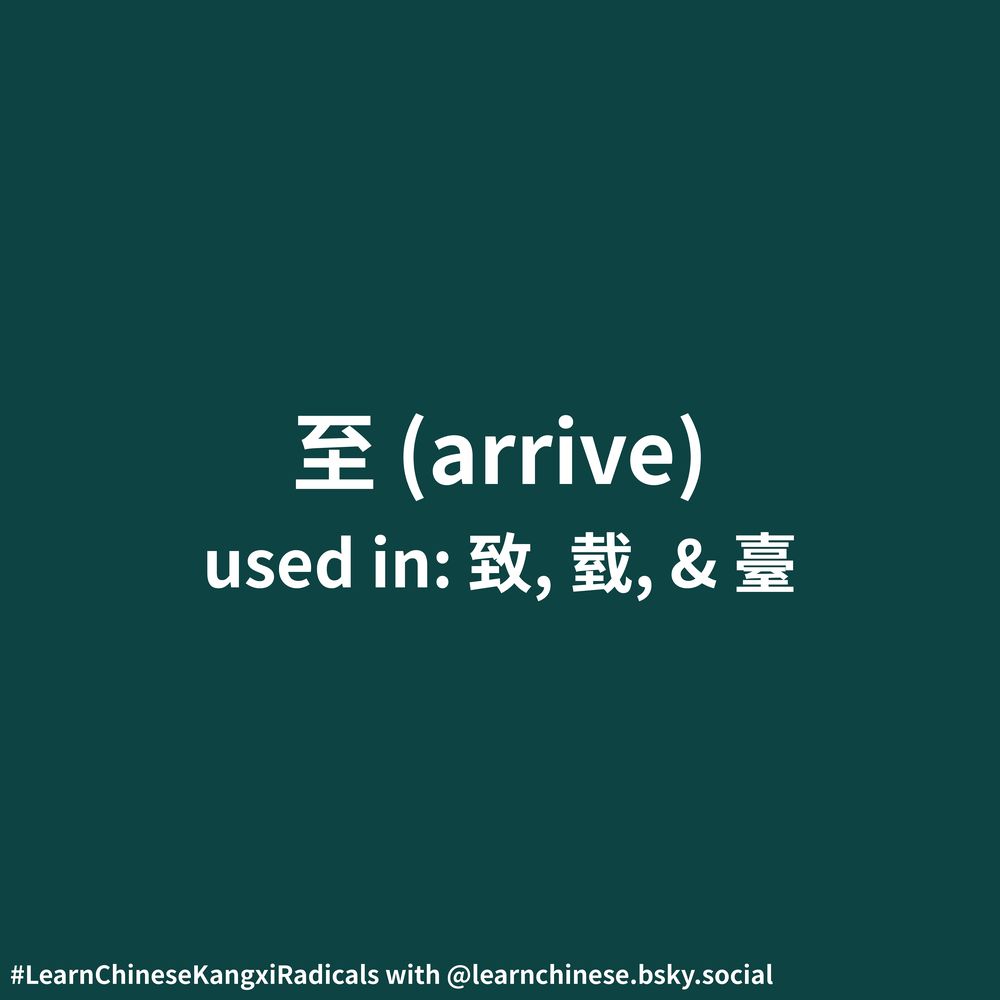 White text on a dark teal background contains the Chinese radical 至, its corresponding definition, “arrive”, and its usage as part of the characters 致, 臷, and 臺.
