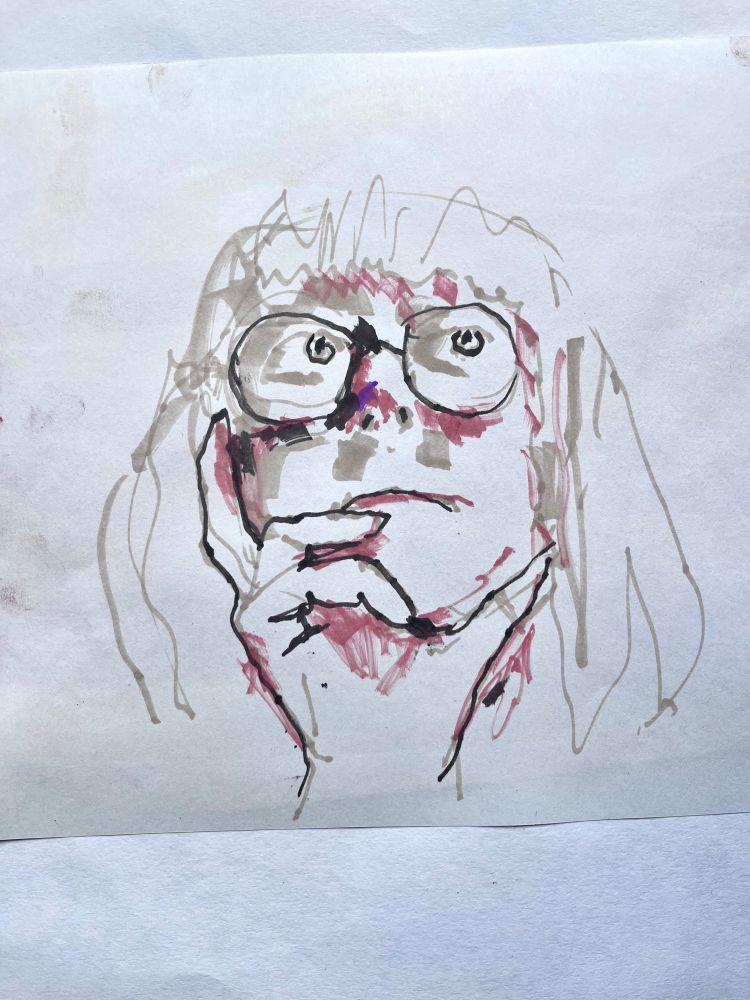 Fast drawing portrait in felt tip pen of a young woman wearing glasses looking to her left with her chin resting in her hand with the palm facing us and the thumb on her left