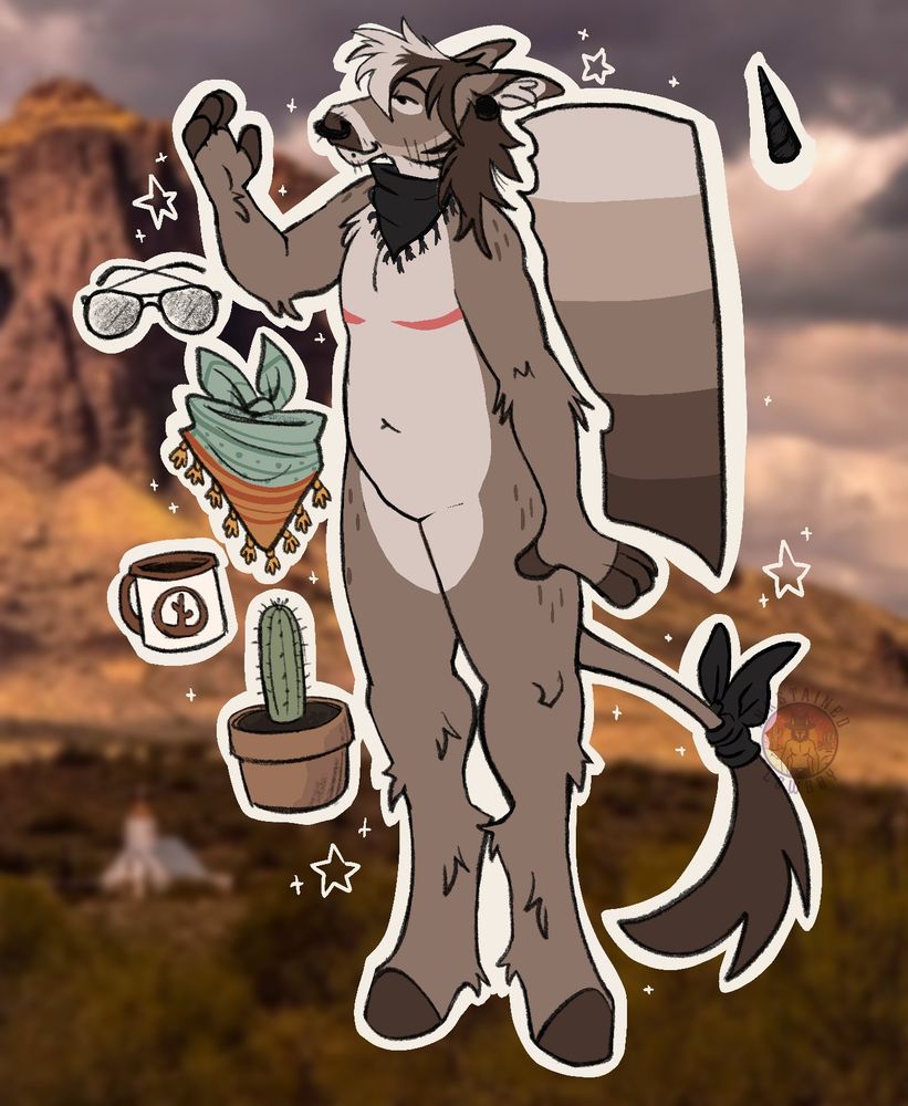 Donkey fursona reference sheet with trickets they like such as aviator glasses, coffee/tea mug, scarves, and plants