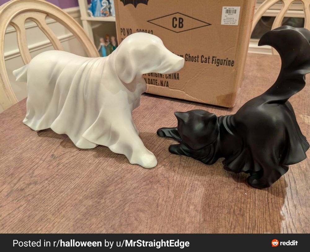 A white figure of a dog appearing to be draped in a sheet, or ghostly, and a black cat in a similar design.