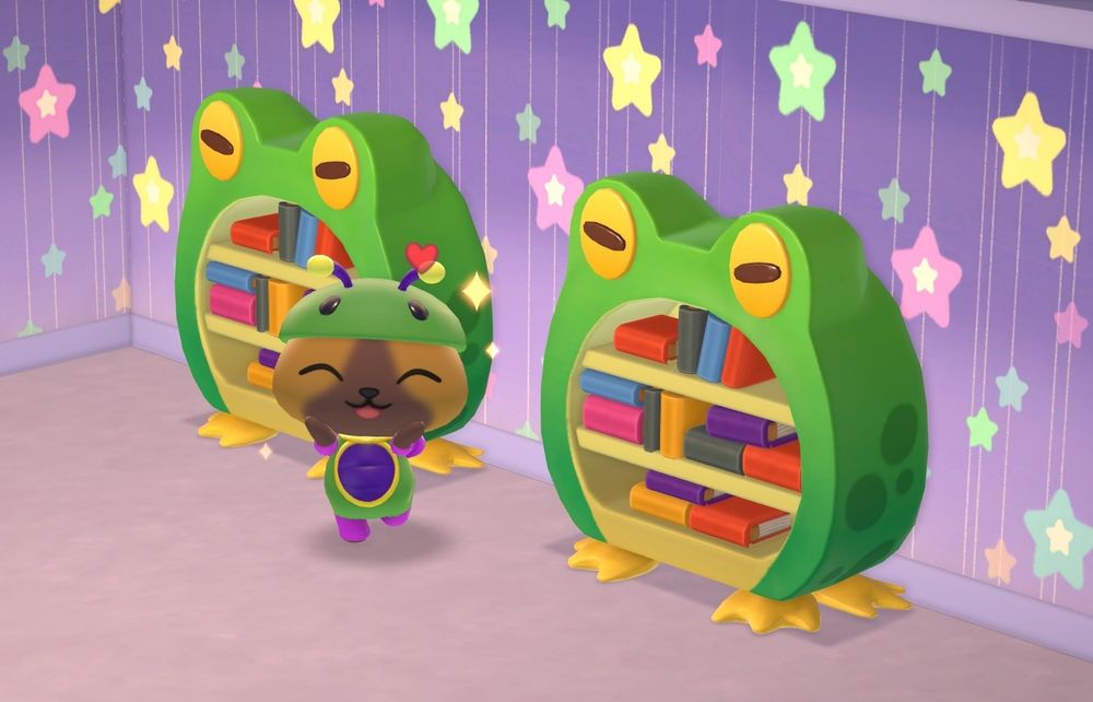 The game Hello Kitty Island Adventure. My character is a cat in a firefly costume standing in front of 2 frog bookshelves 