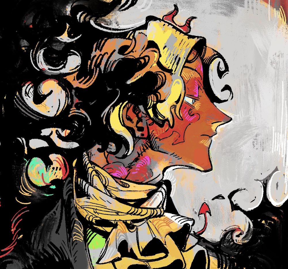 a drawing of sabo from one piece. You can see the side of his face. He is looking to the right. His facial features are sharp and you can see him wearing a dark jacket and shirt underneath. The brushes are rough and textured. His face is colored in red, yellow and hints of green and blue colors. The left side of the illustration looks like it is overtaken by black flames that fade into the left side of his head and particularly his hair. It is unclear where the head starts and the black flames end. The linework is rough and black. Sabos expression is emotionless. The background is mostly black and white but you can see textures of brushes. On a closer look you can see tiny horns and a little devilish tail peaking out behind sabo.