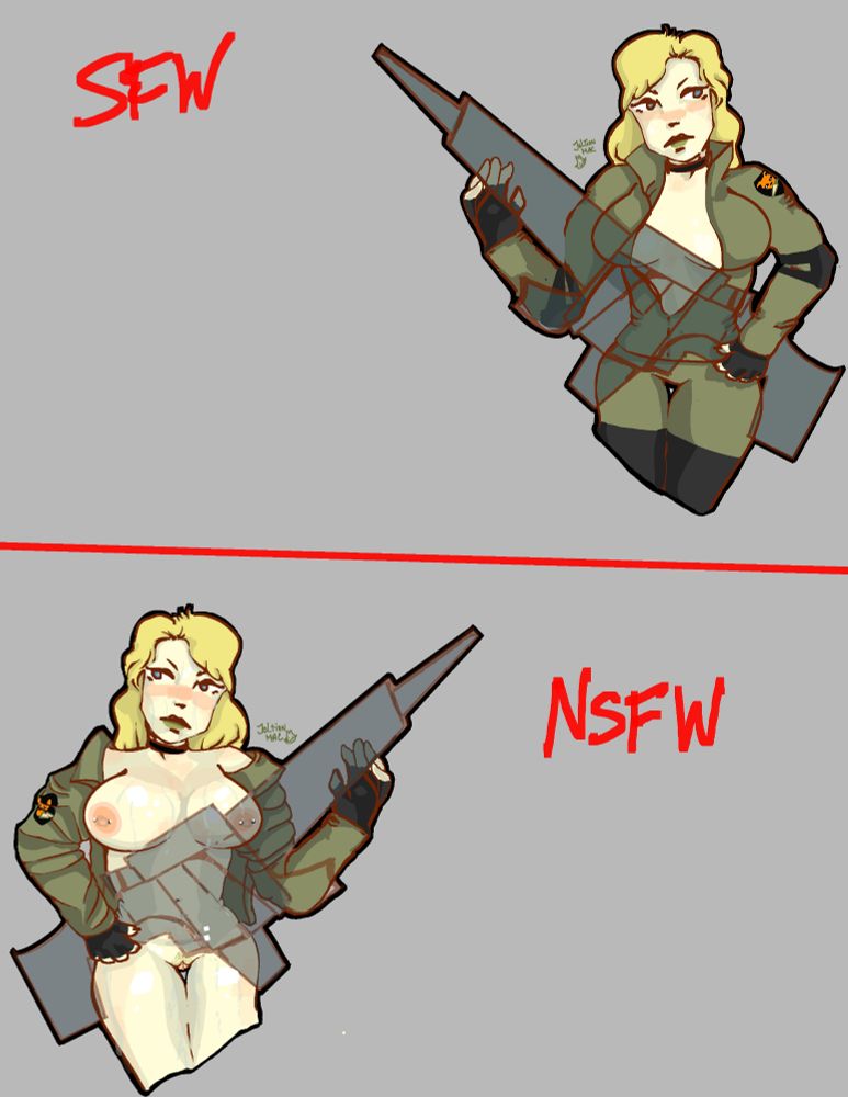 Sniper wolf from metal gear solid fanart. One version is clothed and the other her clothes are off