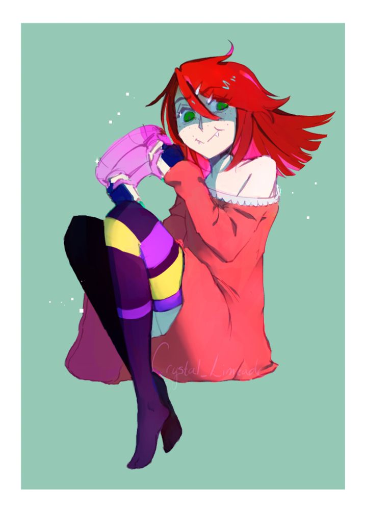 Art of Cyrus, an oc of Vibblyart. A small, slightly malnourished vampire with bright red hair and green eyes. She is wearing one black and one multicolored stocking with a red sweater hanging off her shoulder. She is holding a videogame controller and looking at the viewer smugly.