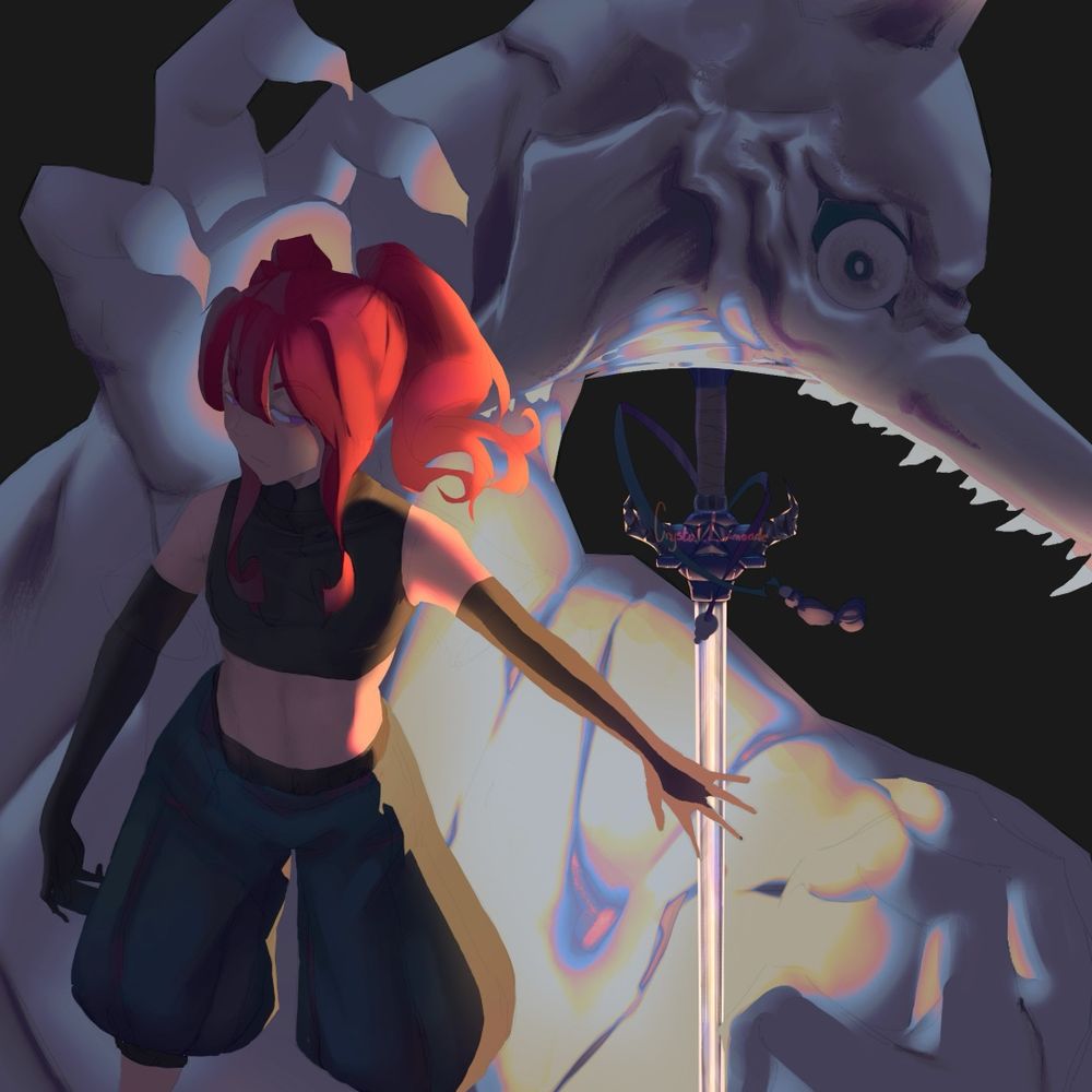 A red haired person and huge white demon. There is a glowing sword, waiting to be held by its master, drifting out of the demons mouth. What a formidable team they seem to be!