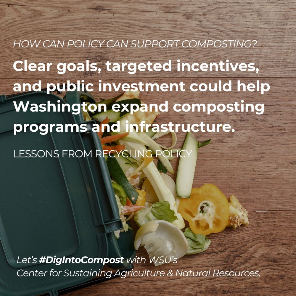 A green compost bin is spilling food scraps onto a wooden surface.  The words "how can policy support composting? clear goas, targeted incentives, and public investment could help Washington expand composting programs and infrastructure. Lessons from recycling policy. Let's #DigIntoCompost with WSU's Center for Sustaining Agriculture & Natural Resources."