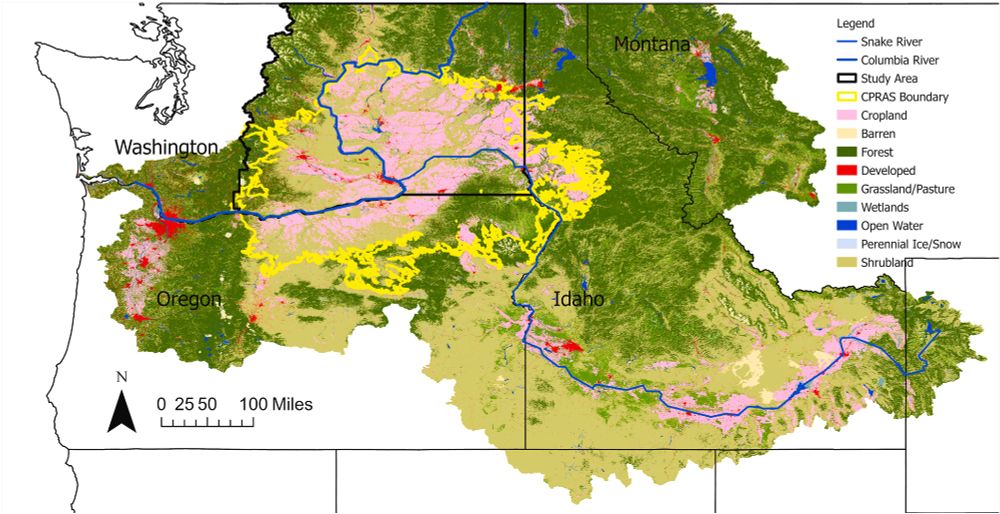 The sky is not falling—yet. Fig. 1. Columbia Plateau Regional Aquifer System study area. The aquifer system is outlined in yellow, encompassing portions of Washington, Idaho, and Oregon. The Columbia River flows from the north to the south where it joins the Snake River and continues flowing west to the Pacific Ocean. The map shows different landcover classes, highlighting cropland areas in pink.
