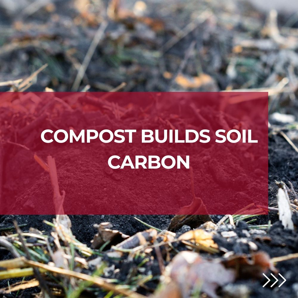 A closeup of brown compost with a red box over the top and the words "compost builds soil carbon" in white letters.