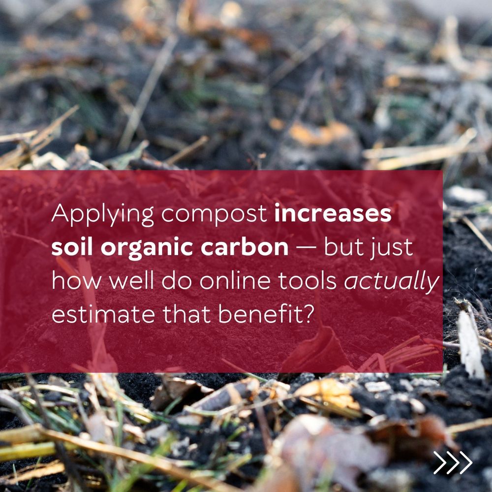 A closeup of brown compost with a red box over the top and the words "applying compost increases soil organic carbon, but just how well do online tools actually estimate that benefit?" in white letters.