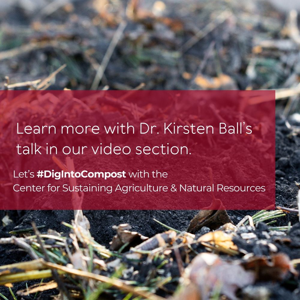 A close-up view of compost. There is a red box overlaid on the compost with the words "Learn more with Dr. Kirsten Ball's talk in our video section"