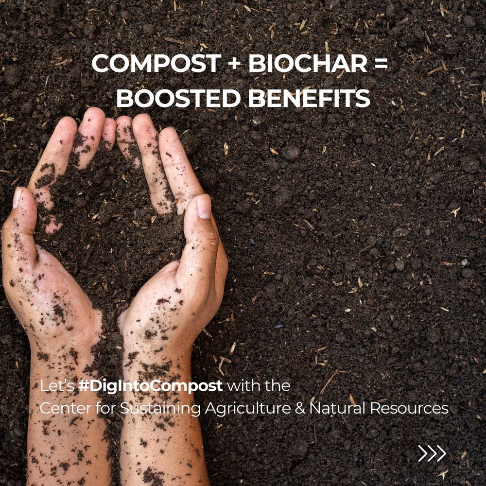a pair of Caucasian hands is scooping compost from a larger pile.  the words "compost + biochar = boosted benefits" are on top of the photo