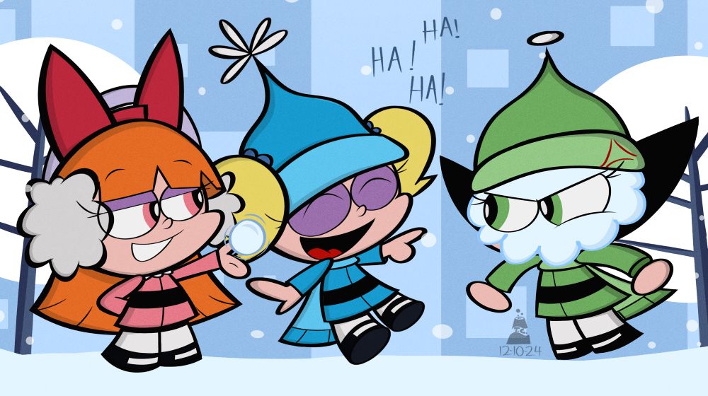 Blossom, Bubbles and Buttercup playing in the snow.

With a rather angered Buttercup getting hit with a Snowball that Blossom threw. And Bubbles just laughing away at it all.

