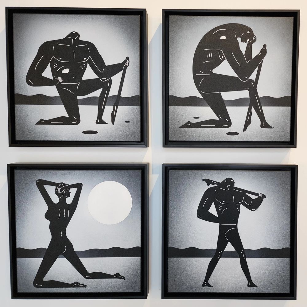 Four paintings of black-and-white figurines