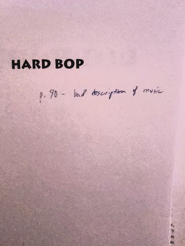 Cover page of the book Hard Bop with a handwritten note that reads "page 90 - bad description of music"