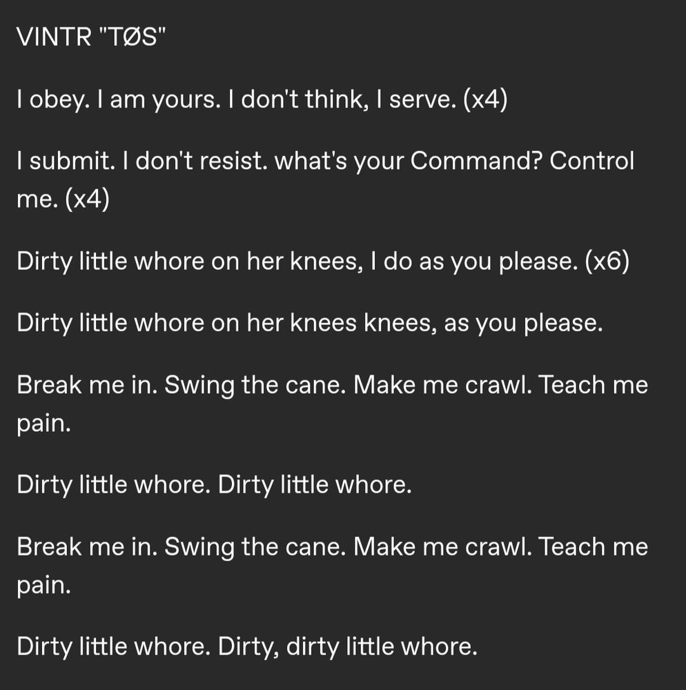 Lyrics, VINTR  "TØS" music video, 2025