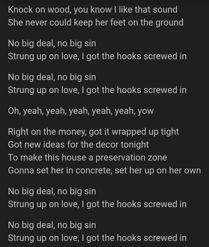 Song lyrics (2 of2), Iron Maiden "Hooks In You" (1990) 

The song is believed by many to be the third about a fictional sex worker character from the Iron Maiden song "Charlotte The Harlot."

"Behind my green door" in the lyrics might be a reference to the classic kinky porn film, Behind the Green Door (1972)

Song genesis-

"'Hooks In You' is a slightly tongue-in-cheek thing. Me and Paddy went to look at a house to buy and it was lived in by three gay guys. We looked around and it had all these beams, and one of the guys was obviously into S&M and leather and stuff, and in one room there were these enormous industrial hooks screwed into the beams. My mind boggled at what they could be used for. I went home and wrote 'Hooks In You' with the line 'All the hooks in the ceiling, that well hung feeling'. I couldn't write it about gay guys, but what if you went round to the house of Mr. and Mrs. Average you found all these hooks in the ceiling? What do THEY get up to? (Did Bruce buy the house?) No we didn't! At the end of the song the guy thinks his wife has been unfaithful and sets her in concrete in the foundations." -Bruce Dickinson, lead singer. 