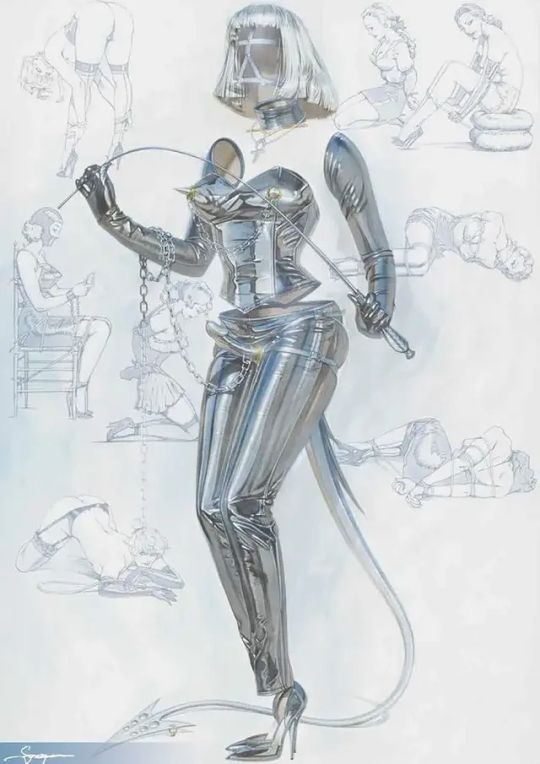 Interior art by Hajime Sorayama, Tokyo sweet Gwendoline (Kink In Pop Culture- books, art, 2019)

From book description-

"A reunion of the world famous masters of erotic art. Three legends of erotic art, Hajime Sorayama, Rockin’ Jelly Bean and Katsuya Terada, creators of PUSSYCAT! KILL! KILL! KILL! reunite to bring fans TOKYO SWEET GWENDOLINE.


[HAJIME SORAYAMA] An illustrator renowned for his robotic, metallic and erotic depiction of women, Sorayama is highly regarded by many hardcore fans around the world. He has worked with many notable companies such as Nike, Disney, Lucas Film, Marvel, Samsung and Darkstar skateboards. He is perhaps more widely known for the original Sony AIBO design and the cover art of Aerosmith’s album “Just Push Play”.[Katsuya Tereda] Katsuya Terada, a.k.a. Rakugakingu (or "Doodle King") is a Japanese illustrator who is well known in the US from his work related to Ironman and Hellboy. He likes to doodle a little everywhere he goes and has done many live drawings on walls. His drawing style is heavily influenced by Moebius and Katsuhiro Otomo. He is a versatile genius and has worked in many fields ranging from manga and anime to live-action film and character design. His notable works for character design are Blood: The Last Vampire and Virtua Fighter.[Rockin' Jelly Bean] A mysterious masked illustrator who began his career designing flyers and album covers in the Japanese indie garage punk scene, Rockin’ Jelly Bean flew to US in 1996 and gained popularity among the Lowbrow art community working with artists such as COOP and KOZIK. His is also well-known for creating artwork for a German film “Killer Condom” (Kondom des Grauens). His psychedelic American-style pinups have won him many cult fans."

Source
https://www.amazon.com/Tokyo-Gwendoline-Japanese-Hajime-Sorayama/dp/4309921566/

Continue reading-
https://www.tumblr.com/theakandrewscollection/802748615432011776/tokyo-sweet-gwendoline-books-art-2019?source=share
