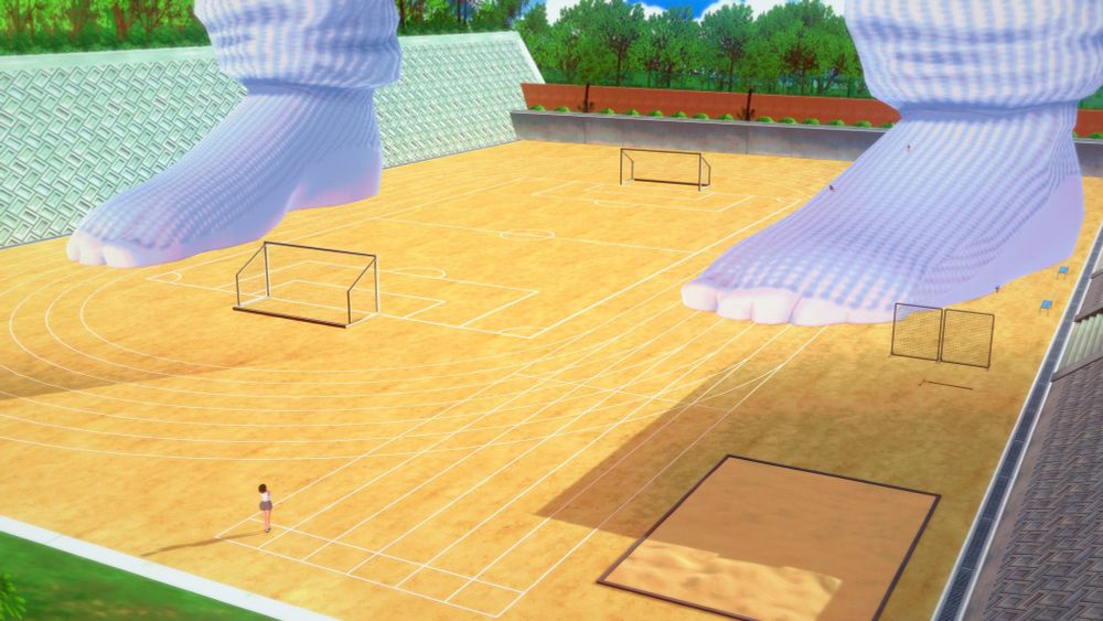 A school track and field court, with small students darted near gigantic sock clad feet