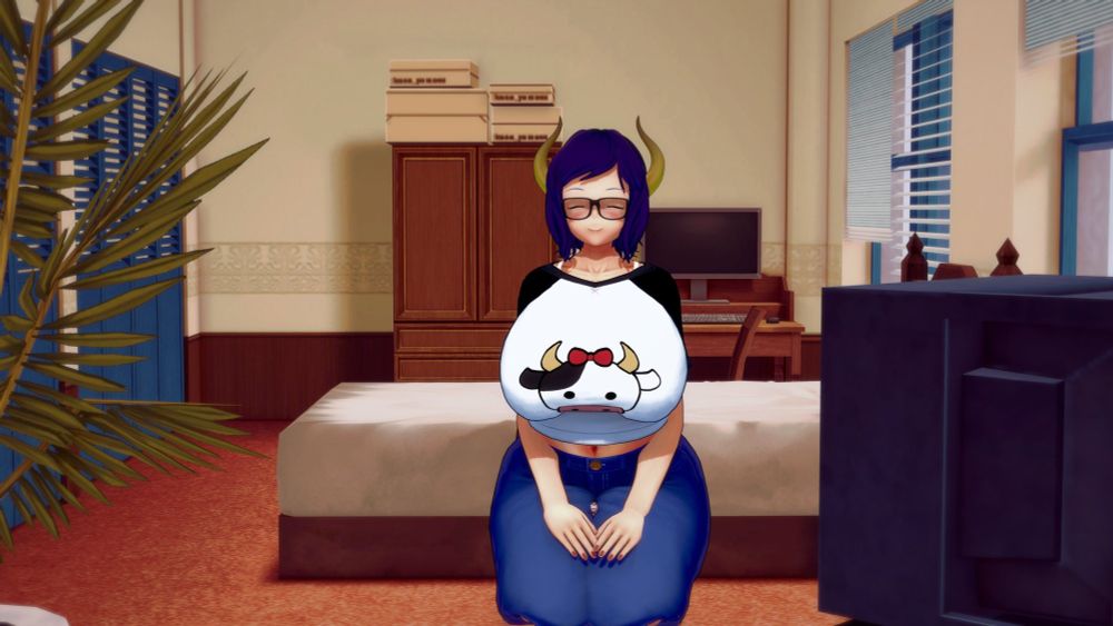 A 3" short girl with short black hair in a t-shirt and jeans standing next to a 11'7" milfy curvaceous woman with horns, who is also wearing a t-shirt and jeans, the milfy woman kneeling and happy while the shorter girl is content in her lap.