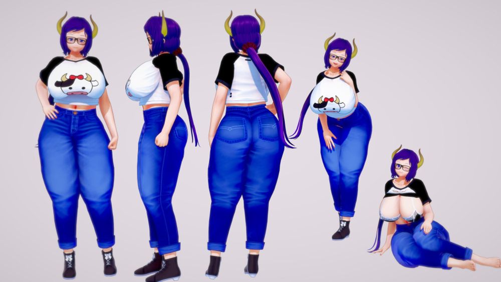 A tall milfy 3D anime girl with yellow horns, purple hair and blue eyes with big boobs, a huge butt and thick thighs posed in several ways wearing a graphic tee and jeans